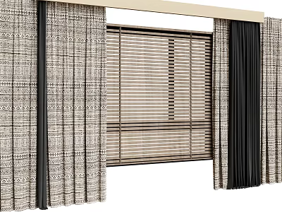 Patterned And Dark Curtains With Bamboo Blinds For Modern Window Decoration 3d model