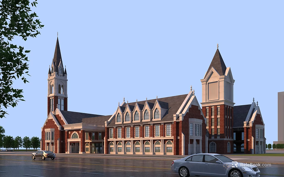 Classic European Architecture With Spired Towers Red Brick Exterior And Arched Windows 3d model 
