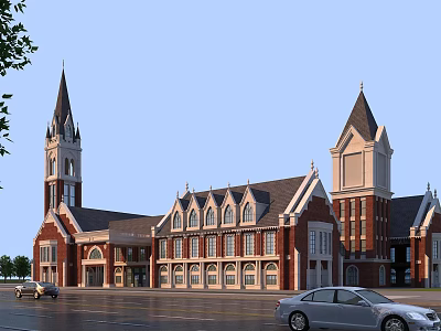 Classic European Architecture With Spired Towers Red Brick Exterior And Arched Windows 3d model