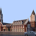 Classic European Architecture With Spired Towers Red Brick Exterior And Arched Windows