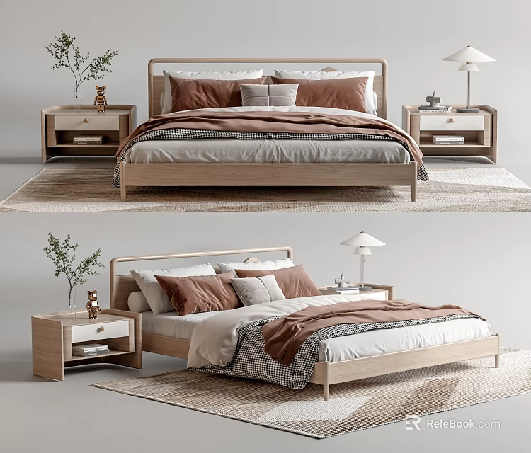 Minimalist Wooden Double Bed With Bedside Tables Table Lamps Pillows Blanket And Rug 3d model 