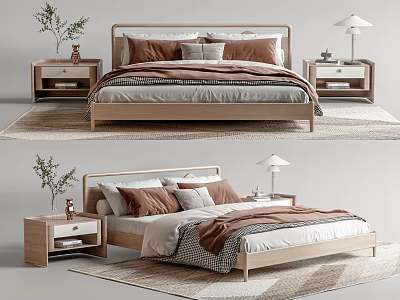 Minimalist Wooden Double Bed With Bedside Tables Table Lamps Pillows Blanket And Rug 3d model