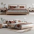 Minimalist Wooden Double Bed With Bedside Tables Table Lamps Pillows Blanket And Rug