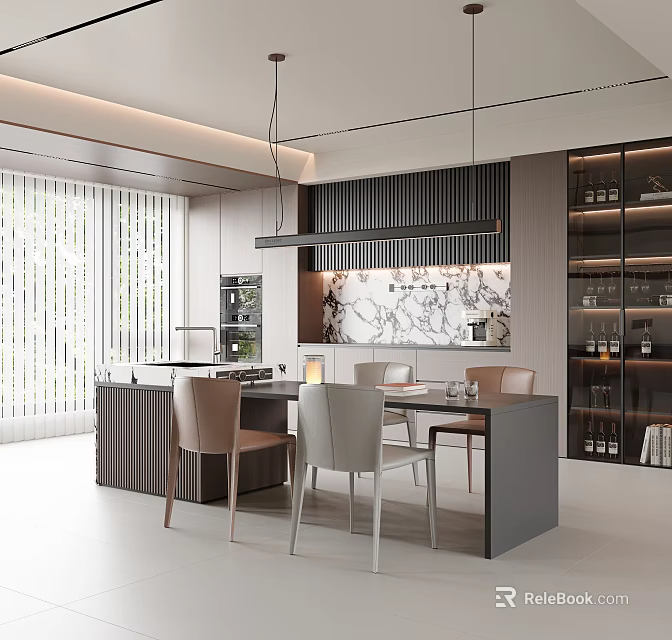 Modern Restaurant Kitchen Interior With Open Design Marble Island Dining Table And Chairs 3d model