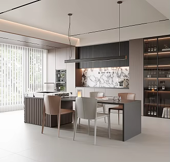 Italian Modern Restaurant Closed Kitchen Island Table Dining Table Single Chair Sideboard Glass Decorative Cabinet Dream Curtain Jewelry Ornaments 3d model