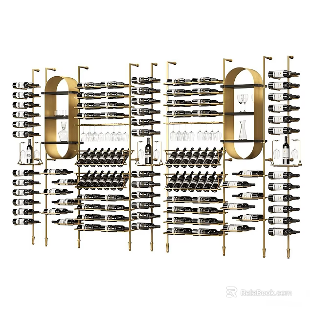 Modern Golden Frame Wine Rack with Multi Tier Design and Wine Glass Holders 3d model 
