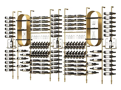 Modern Golden Frame Wine Rack with Multi Tier Design and Wine Glass Holders 3d model
