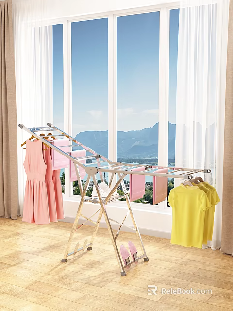 Stainless Steel Drying Rack with Pink Dress and Yellow T-shirt by Large Window Mountain View 3d model 