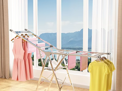 Stainless Steel Drying Rack with Pink Dress and Yellow T-shirt by Large Window Mountain View 3d model