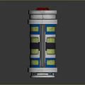 Mechanical Device Structure with Red Top Yellow Black Stripes and Blue Elements Metallic Cylindrical Design