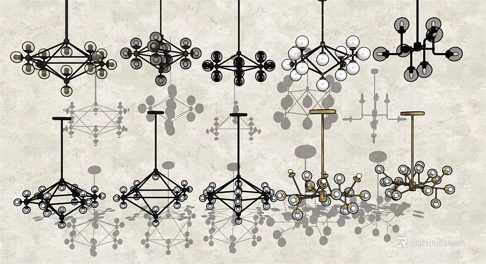 Different Modern Chandeliers With Geometric Structures And Glass Balls For Interior Lighting 3d model