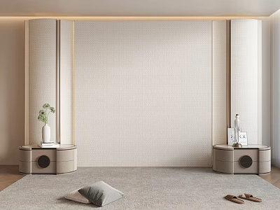 Modern Minimalist Living Area With Beige Wall Side Cabinets Rug Pillow Slippers 3d model