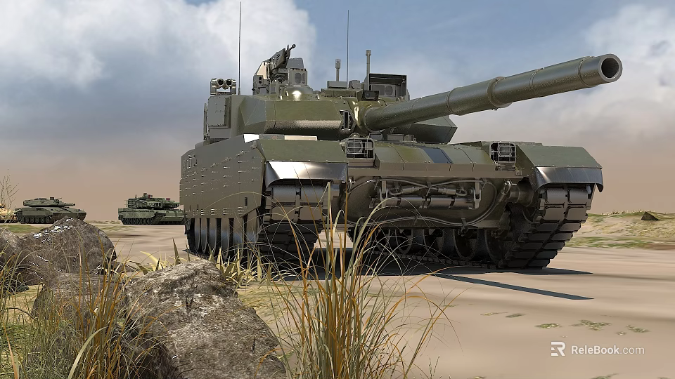 Modern Military Tank With Long Gun Barrel And Heavy Tracks On Sandy Terrain 3d model 