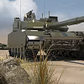 Modern Military Tank With Long Gun Barrel And Heavy Tracks On Sandy Terrain
