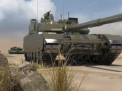 Modern Military Tank With Long Gun Barrel And Heavy Tracks On Sandy Terrain 3d model