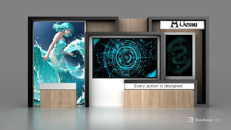 Modern Commercial Display Equipment With Mermaid Artwork Complex Screens And Wooden Stands 3d model 