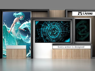 Modern Commercial Display Equipment With Mermaid Artwork Complex Screens And Wooden Stands 3d model