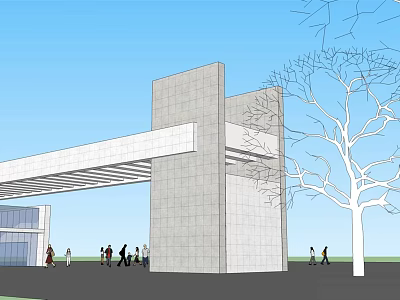 Modern Entrance Gate With Stone Walls Beam Structure People Around Blue Sky And Tree 3d model