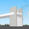 Modern Entrance Gate With Stone Walls Beam Structure People Around Blue Sky And Tree