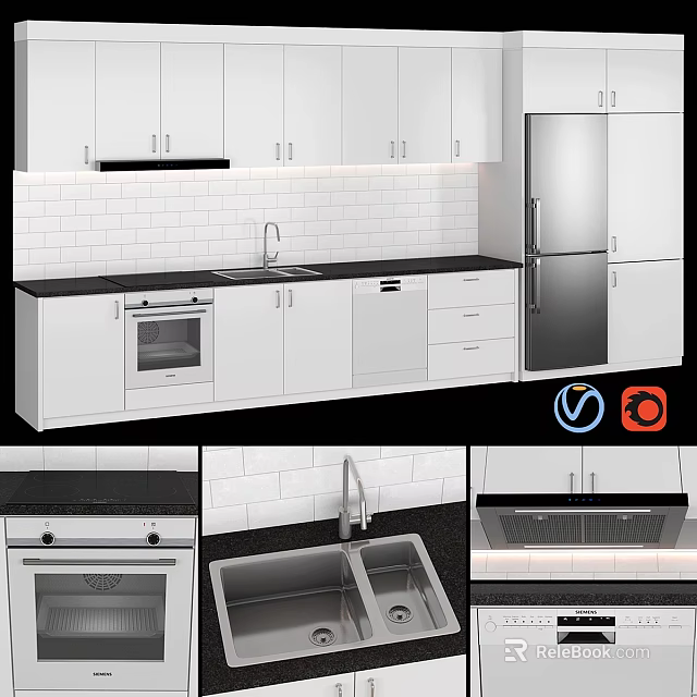 Modern Kitchen With White Cabinets Black Countertop Oven And Refrigerator 3d model 