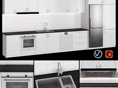 Modern Kitchen With White Cabinets Black Countertop Oven And Refrigerator 3d model