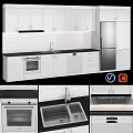 Modern Kitchen With White Cabinets Black Countertop Oven And Refrigerator