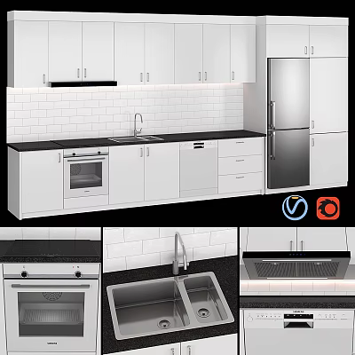 Modern Kitchen With White Cabinets Black Countertop Oven And Refrigerator 3d model