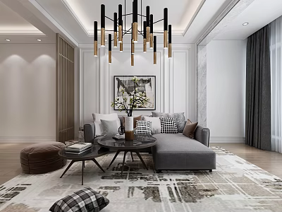 Modern Living Room Coffee Table With Gray Sofa Geometric Pillows And Area Rug 3d model