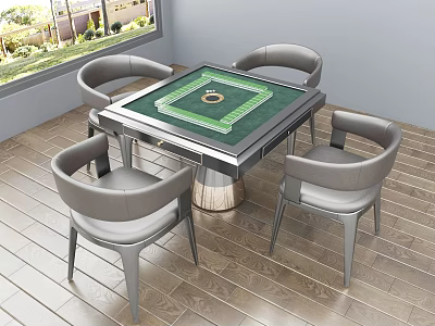 Square Mahjong Table and Four Gray Leather Chairs Set with Green Tabletop By Window 3d model
