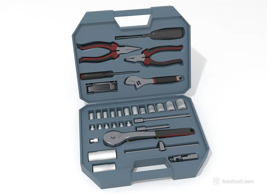 Complete Blue Toolbox With Various Hardware Tools Pliers Wrench Screwdrivers And Socket Set 3d model 