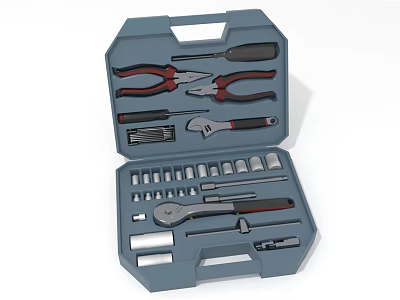 Complete Blue Toolbox With Various Hardware Tools Pliers Wrench Screwdrivers And Socket Set 3d model