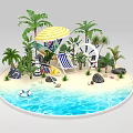 Tropical Beach Scene With Palm Trees Striped Umbrella Deck Chair Lifebuoy Boat And Blue Water