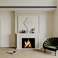 White Fireplace With Burning Fire And Decorative Mirror In Living Room Interior With Green Chair