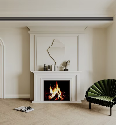White Fireplace With Burning Fire And Decorative Mirror In Living Room Interior With Green Chair 3d model
