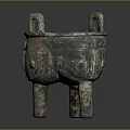 Ancient Bronze Tripod Cauldron With Intricate Patterns Double Handles And Green Patina