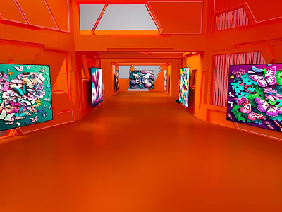 Orange Gallery Corridor Interior With Colorful Butterfly Paintings On 3d model
