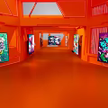 Orange Gallery Corridor Interior With Colorful Butterfly Paintings On
