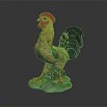 Colorful Decorative Rooster Figurine With Red Comb Green Tail Yellow Body Standing On Green Base