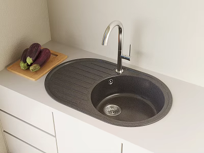Modern Black Kitchen Sink With Silver Faucet On White Countertop And Wooden Tray With Eggplants 3d model