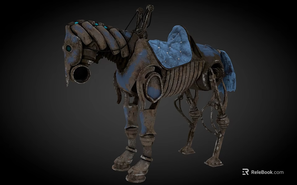 Mechanical Horse Furniture With Industrial Metal Frame And Blue Saddle Design 3d model 