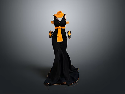 Elegant Black Evening Dress With Orange Sash And Matching Gloves For Formal Events 3d model