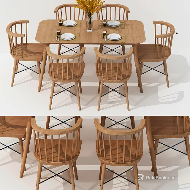 Rustic Wooden Dining Table Set With Cross Leg Chairs And Simple Design 3d model 