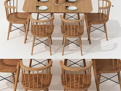 Rustic Wooden Dining Table Set With Cross Leg Chairs And Simple Design 3d model
