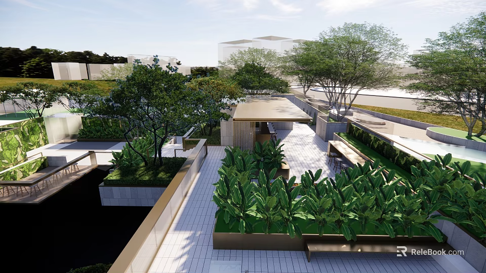 Lush Courtyard Garden With Green Plants Stone Paved Path And Modern Building View 3d model 