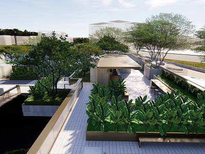 Lush Courtyard Garden With Green Plants Stone Paved Path And Modern Building View 3d model