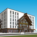 Modern Multi Story Building With Traditional Roof Elements White Facade Wooden Base And Lawn