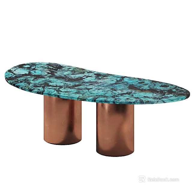 Modern Oval Accent Table With Turquoise Marble Top And Copper Columns 3d model 