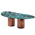 Modern Oval Accent Table With Turquoise Marble Top And Copper Columns