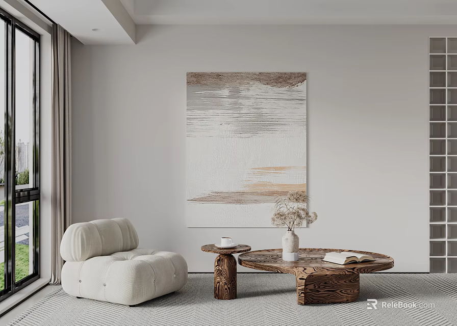 Abstract Painting on Wall in Modern Living Room with Cozy Sofa Wooden Coffee Table and Vase with Flowers 3d model 