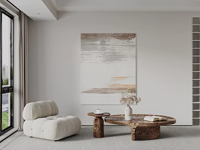 Abstract Painting on Wall in Modern Living Room with Cozy Sofa Wooden Coffee Table and Vase with Flowers 3d model